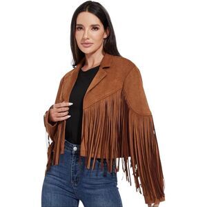 Fahsyee Fringe Suede Cropped Open Front Western Cowgirl Jacket Brown Size Small